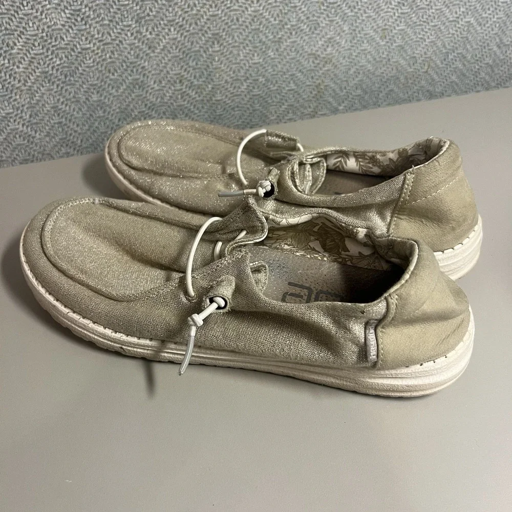 Hey Dude Wendy‎ Stretch Shoes Womens 9 Sparkling Beige Slip On Comfort Casual